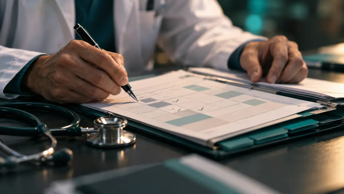 Médico do trabalho preenchendo planilha de controle de exames