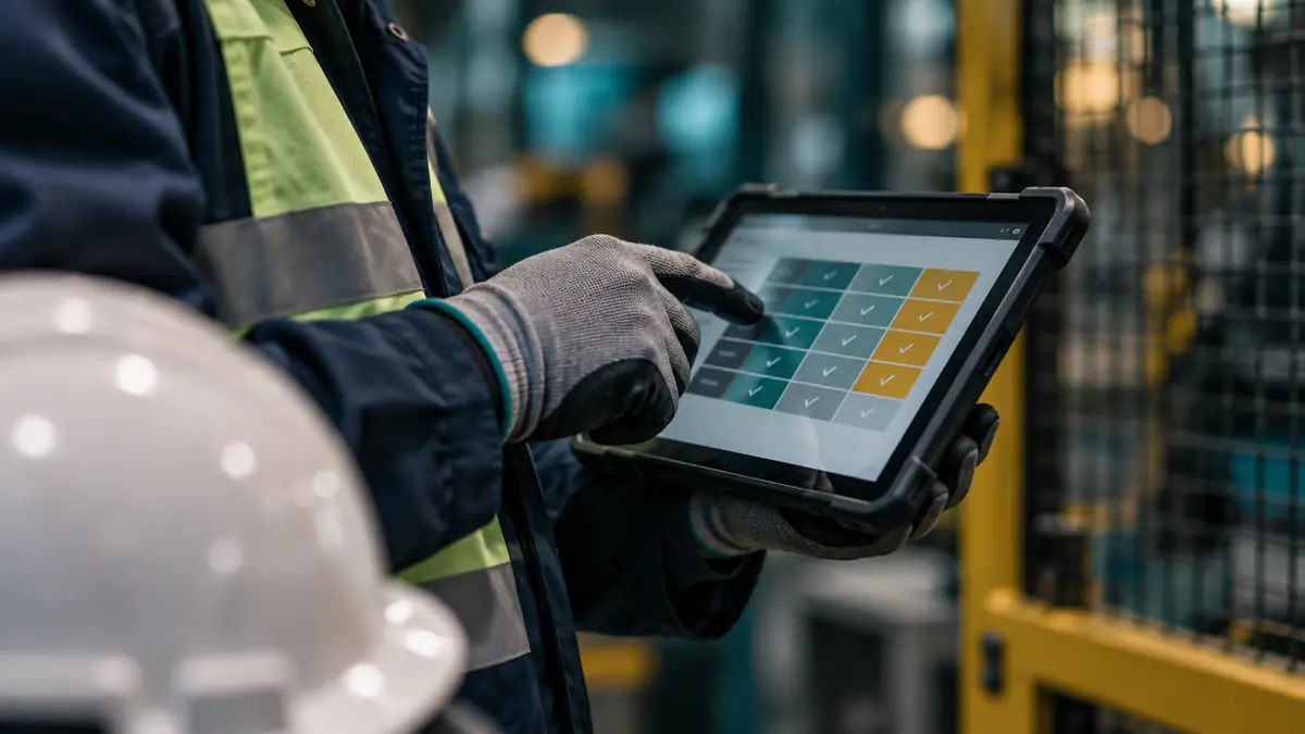 Profissional de segurança preenchendo checklist de riscos em um tablet