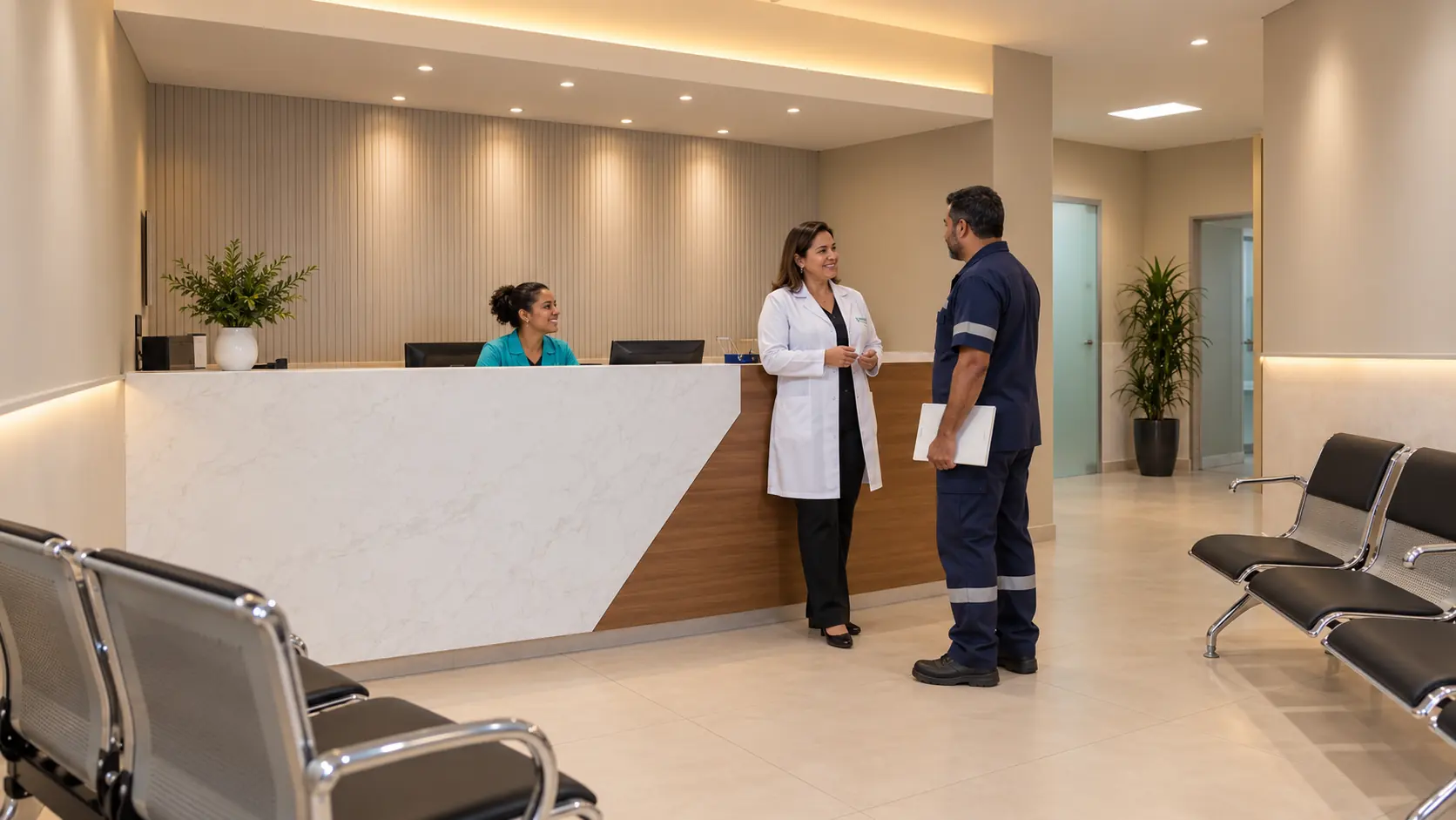 Recepção da Clínica Metran com médica e trabalhador