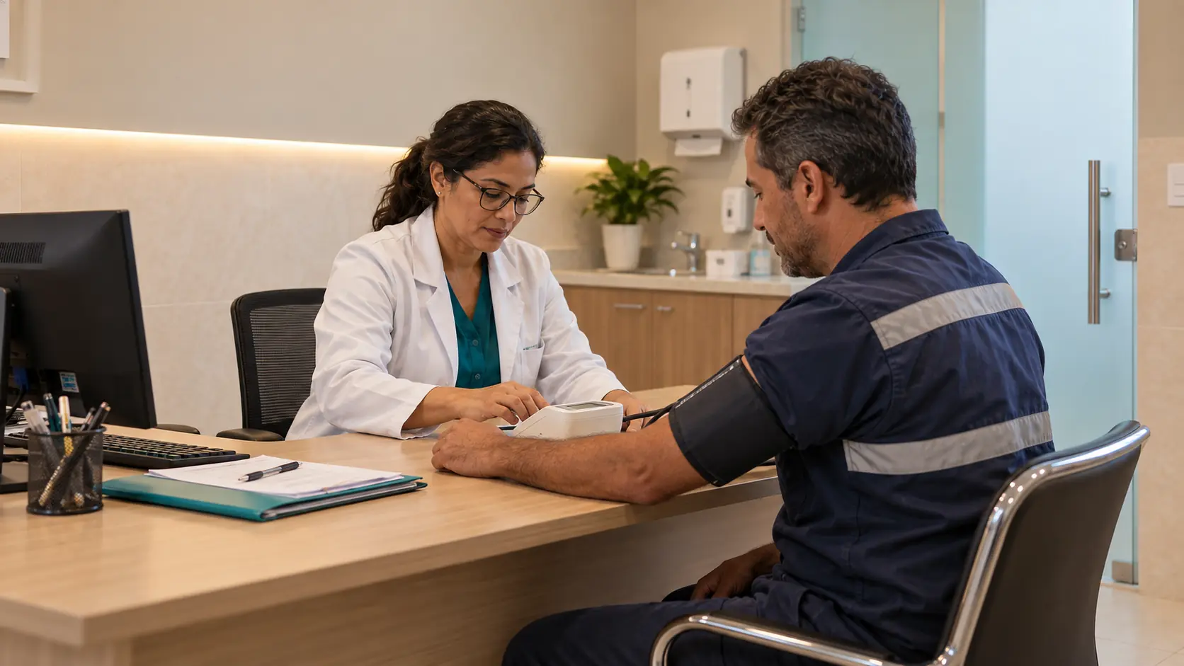 Médica aferindo a pressão de um trabalhador durante exame ocupacional